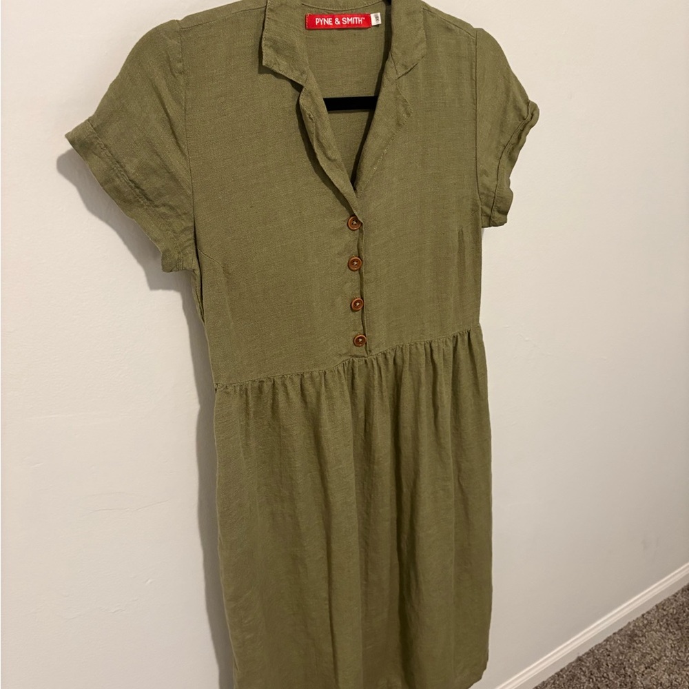 Pyne & Smith Sage Green model no. 30 linen Dress with Collar and Cuffed Sleeves